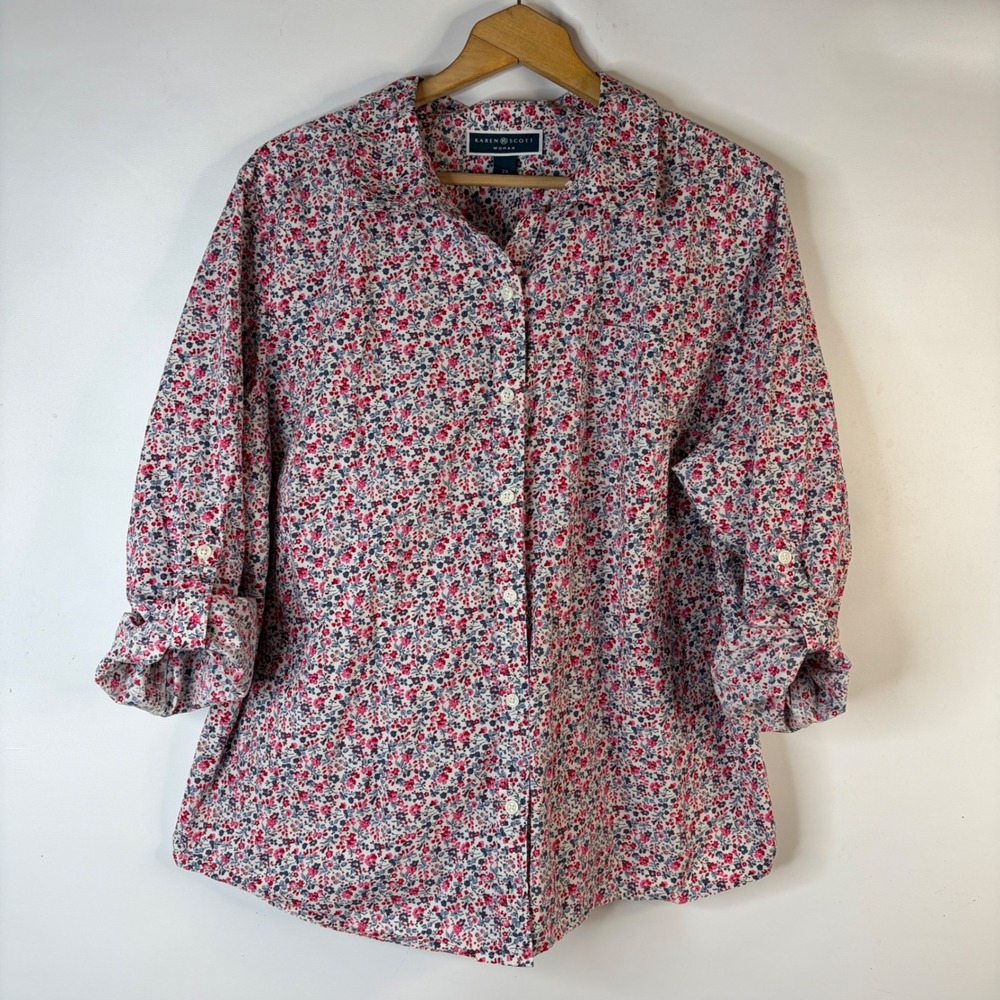 Karen Scott Button Down Shirt Women 2X Pink Floral Roll Tab Sleeve Cotton